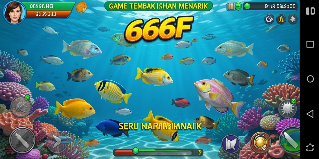 Screenshot menampilkan gameplay seru dalam 666F saat menembak ikan.
