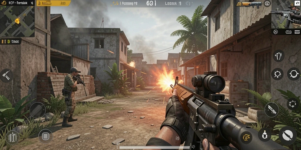 Tangkapan layar gameplay 6CF dengan aksi tembak-menembak yang intens.