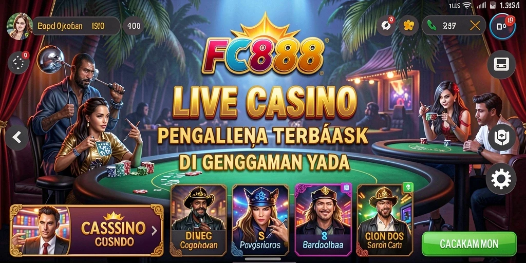 Screenshot utama gameplay FC888 menampilkan dealer profesional dan permainan yang seru.