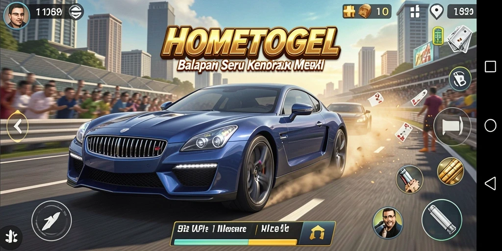 Screenshot HOMETOGEL menampilkan aksi balapan penuh adrenalin.
