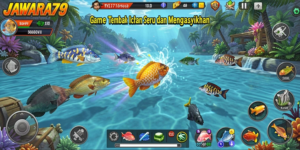 Screenshot gameplay JAWARA79 menampilkan aksi menangkap ikan.