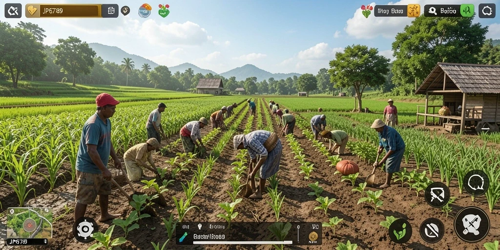 Tangkapan layar gameplay <strong>JP6789</strong> menunjukkan keindahan pertamanan dan aktivitas bertani.