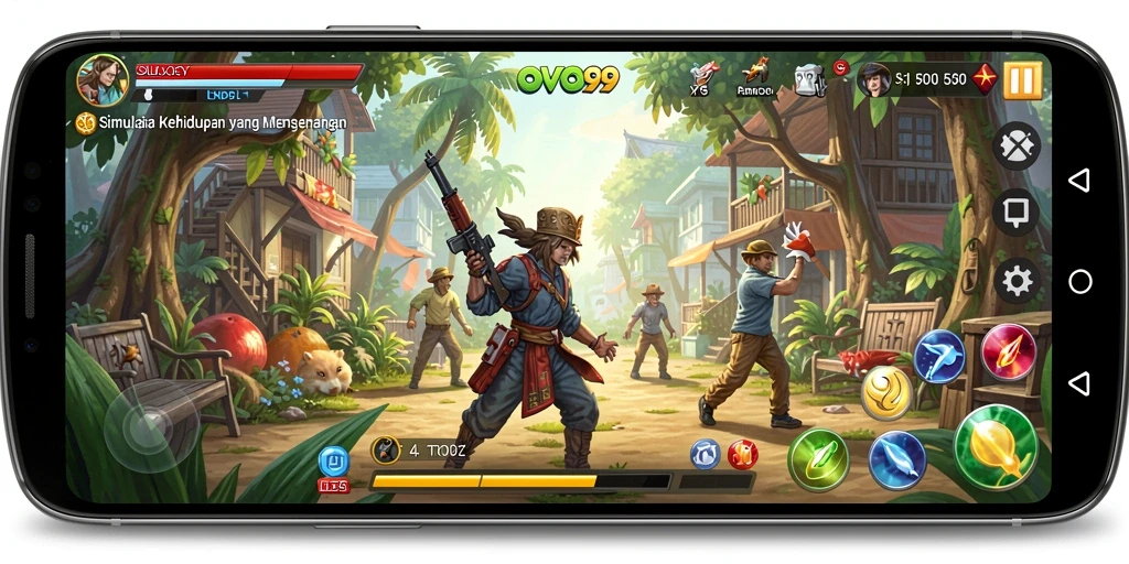 Screenshot gameplay OVO99 menampilkan interaksi karakter dan penciptaan dunia virtual.