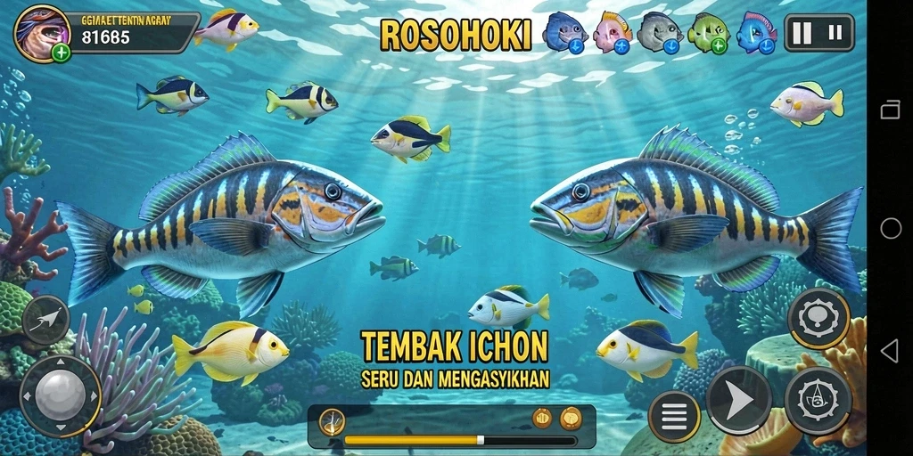 Tampilan gameplay menakjubkan di ROSOHOKI dengan ikan yang melimpah.