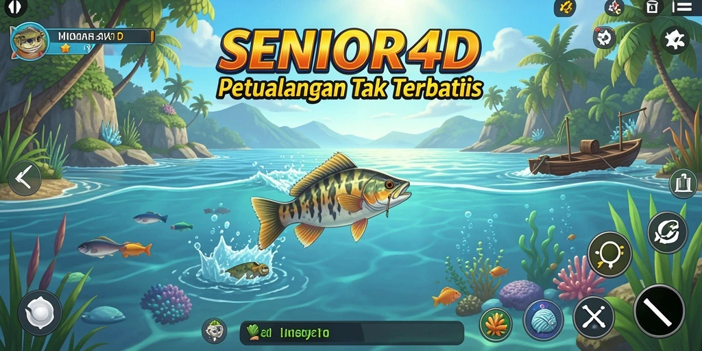 Screenshot gameplay SENIOR4D menampilkan aksi memancing di lokasi indah.