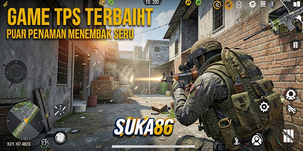 Tangkapan layar utama SUKA86 menampilkan aksi pertempuran TPS yang mendebarkan.