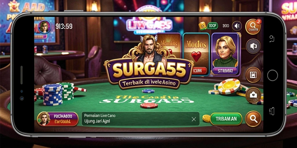 Screenshot gameplay SURGA55 dengan dealer langsung dan suasana mendebarkan.