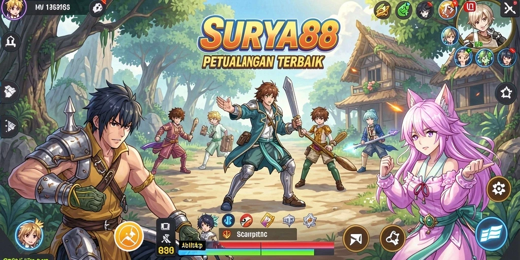 Tangkapan layar gameplay <strong>SURYA88</strong> menunjukkan pertarungan seru dengan karakter yang menarik.